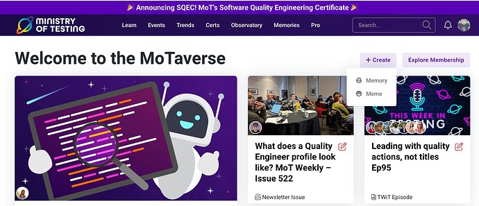 Screenshot of a partial MoT homepage showcasing a create (memory + meme) button