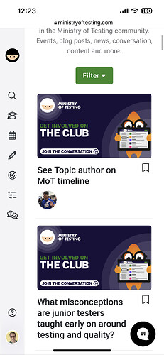 A screenshot of a mobile web browser of a website called ministryoftesting.com. There’s an avatar displayed.