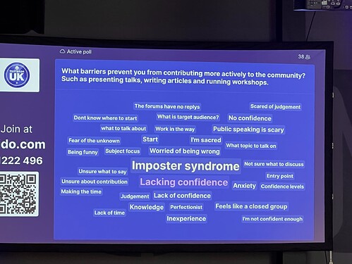 An interactive slide with a word cloud related to barriers that prevent people from contributing more actively to the community. Imposter syndrome, lacking confidence, worried about being wrong, anxiety are examples.
