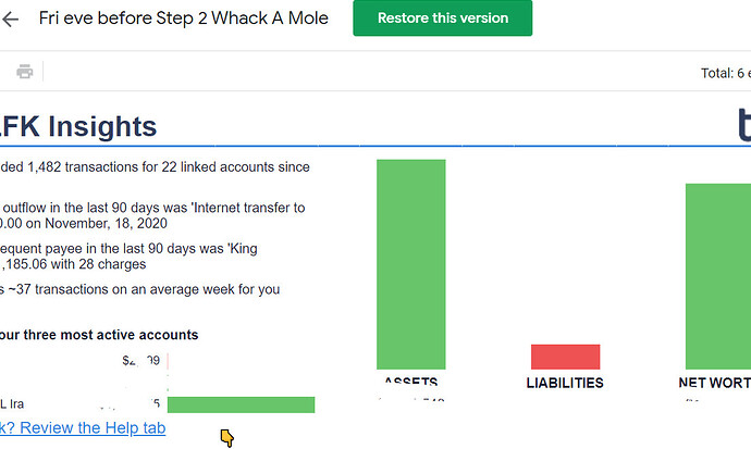 Tiller Insights sheet before restore Account sheet