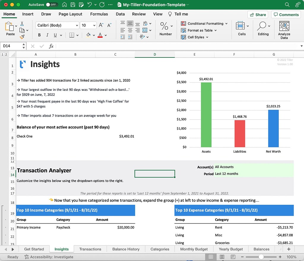 New: Insights for the Tiller Foundation Template for Microsoft Excel