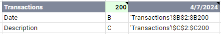 Sheet Transactions Rows