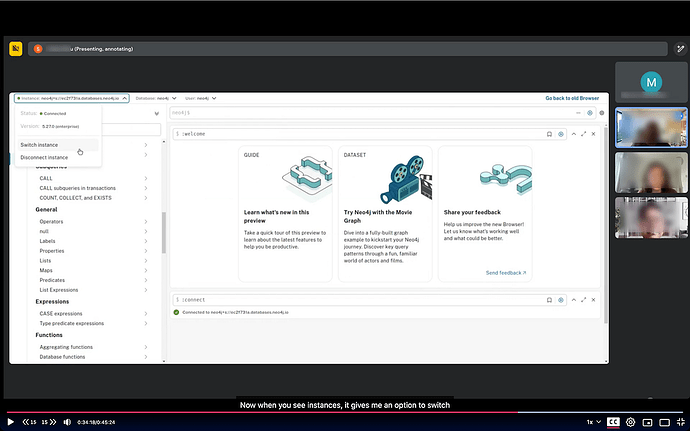 Screenshot of a usability study of Neo4j Browser involving the research participant, one researcher, one browser team member, and an automated transcriber