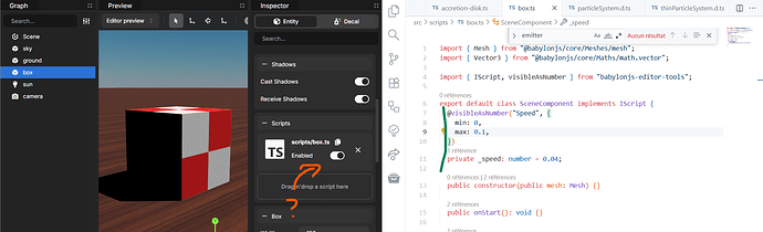 Capture of the code from the default script box.ts, that include a decorator, side by side with a view of the editor where we can see that the decorator is ignored.