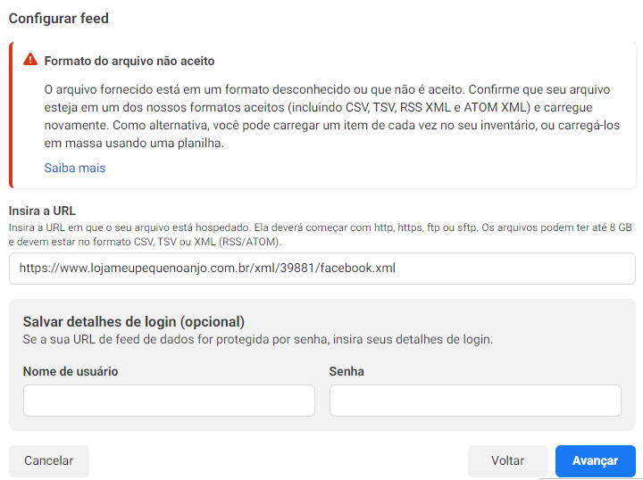ERRO CONFIGURAÇÃO XML FACEBOOK