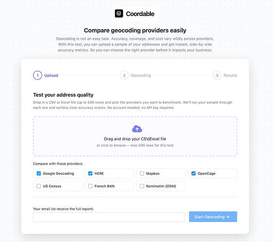 The upload page: drag and drop a dataset, pick the geocoding providers to compare, run the experiment