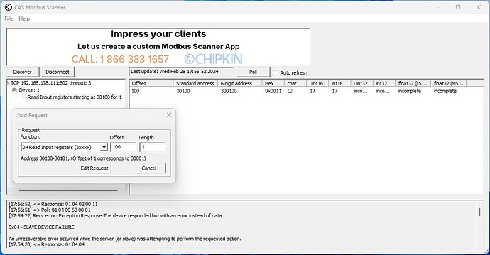 Duco CAS modbus scanner output 7