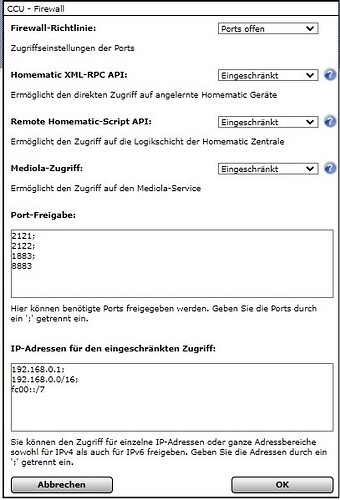 CCU3 Firewall Settings