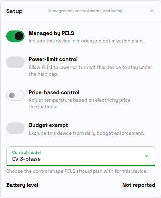 The Setup section of the Driveway charger device page in PELS, with Managed by PELS on, Power-limit control off, and Control model set to EV 3-phase