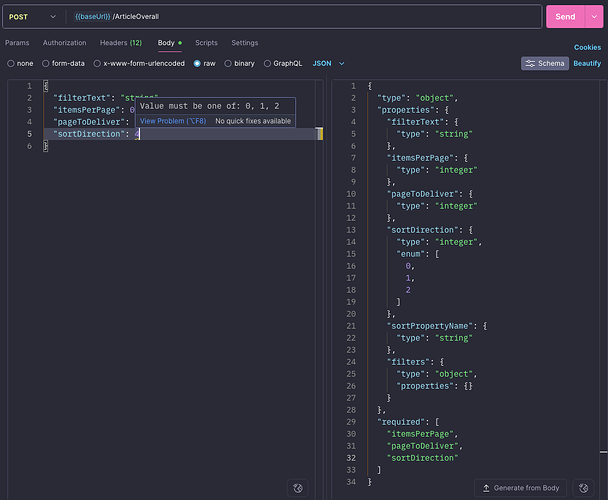 JSON-body verification based on model schema. Postman notifies if body doesn't correspond to model, specified in schema. Schema is automatically configured from OpenAPI JSON-file.