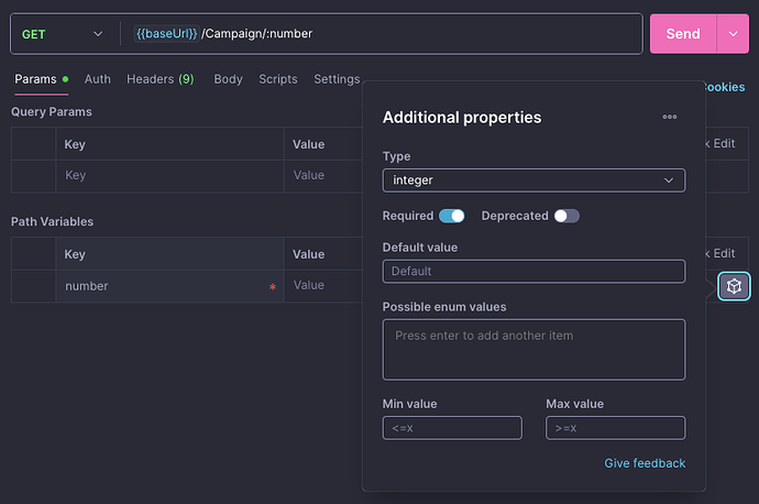 Automatic property type configuration. The property ‘number’ is assigned to ‘required’ and has type int