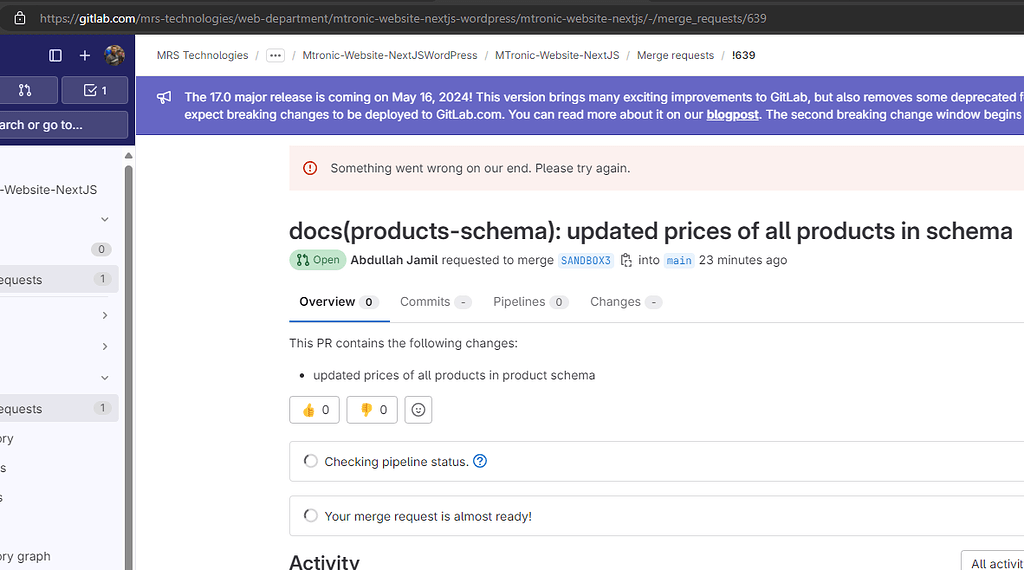 Gitlab.com Merge Request not working and down - GitLab CI/CD - GitLab Forum