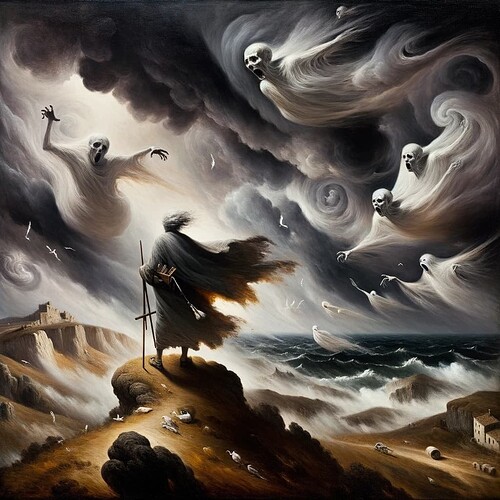 DALL·E 2023-10-16 17.33.48 - Oil painting inspired by Francisco Goya's late period capturing a stormy landscape with dark clouds gathering overhead. A lone figure, representing Go