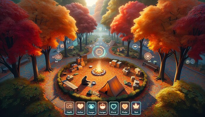 DALL·E 2023-10-02 03.31.17 - Game art concept illustrating a park during the fall. Trees laden with multicolored leaves form a protective circle around an open space where a homel