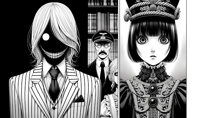 DALL·E 2023-10-15 03.02.15 - Vertical manga page with horizontal scenes_ The top third of the page showcases a horizontal scene where the man, dressed in a white pinstripe suit, h