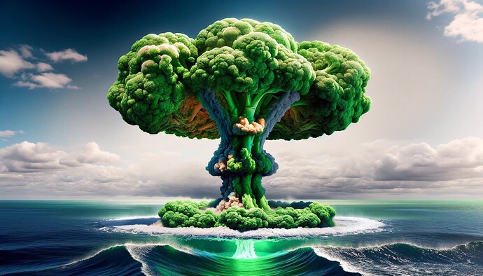 DALL·E 2023-10-14 18.17.10 - Breathtaking visual of an oceanic scene where a massive broccoli-shaped nuclear explosion erupts from the water's surface. Waves crash and froth, prop