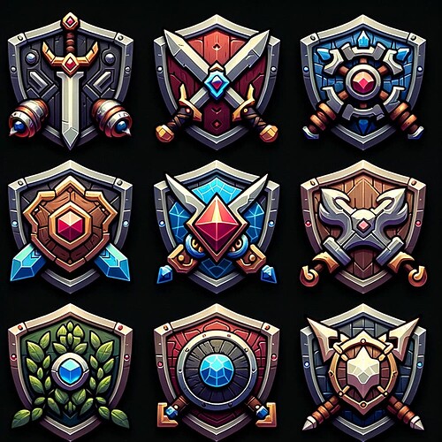 DALL·E 2023-10-14 14.20.30 - Gamedev-focused set of 9 shield icons, each icon being a 32-pixel photorealistic illustration. These game-ready assets are displayed against a black b
