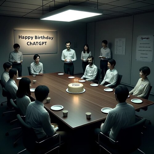 DALL·E 2023-10-16 17.46.31 - Photo of a dimly lit OpenAI conference room with a handful of employees gathered around a table. On the table is a plain vanilla cake with 'Happy Birt