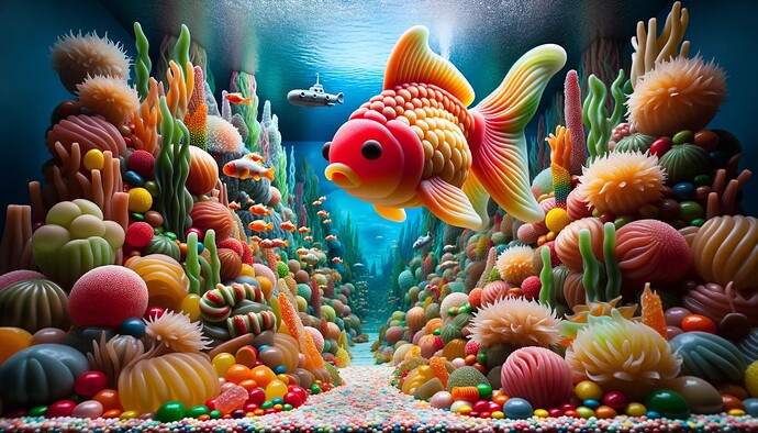 DALL·E 2023-10-14 14.12.52 - Photo in landscape mode of an intricately detailed aquarium where fish are made of vibrant candy. Among them, a prominent goldfish gummi bear takes ce