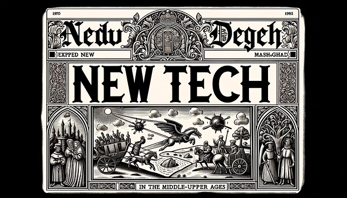 DALL·E 2023-10-14 16.06.33 - Historical newspaper illustration inspired by the middle-upper ages, presenting the dramatic headline 'NEW TECH!'. It incorporates a woodcut-style ima