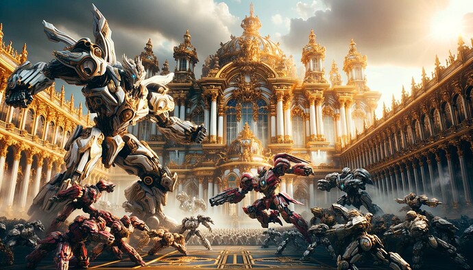 DALL·E 2023-10-16 21.39.48 - Photo of a grand battle scene in the Baroque style, showcasing intricate details and dramatic lighting. Futuristic robots, adorned with ornate designs