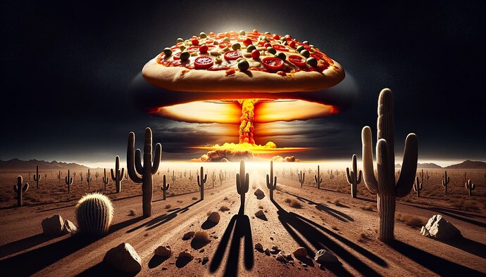 DALL·E 2023-10-14 18.20.01 - Epic scene in a barren desert landscape, suddenly lit by a massive pizza-shaped nuclear explosion on the horizon. Shadows of cacti and rocks stretch l