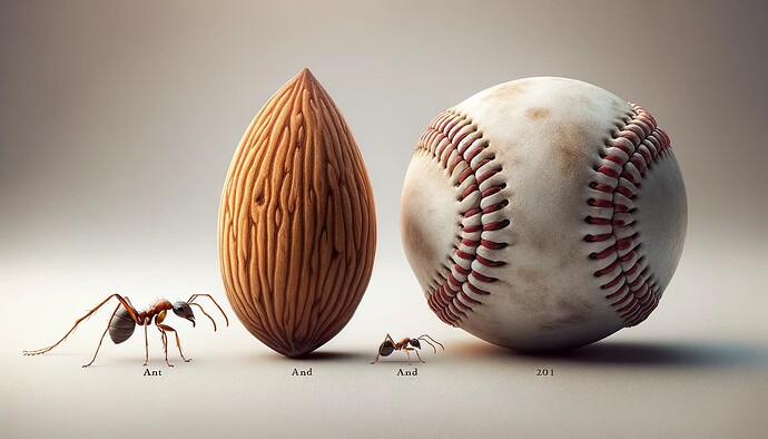 DALL·E 2023-10-01 19.55.28 - Digital art showcasing an ant, an almond, and a baseball arranged in a line from left to right according to their size. On the left, there's the tiny