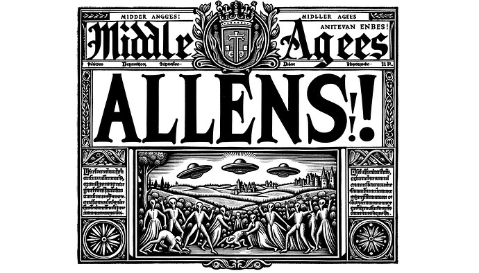 DALL·E 2023-10-14 15.59.44 - Middle-upper ages inspired newspaper illustration featuring the bold headline 'ALIENS!'. Accompanying the headline is a woodcut-style image depicting