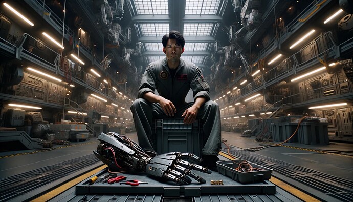 DALL·E 2023-10-02 19.34.57 - Photo Doug, an Asian male mech mechanic in his mid-30s with short black hair and wearing a jumpsuit, sits on a large crate in a spacious docking bay