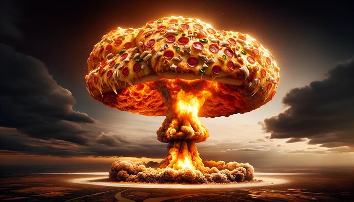 DALL·E 2023-10-14 18.19.51 - Dramatic scene of a massive explosion, but instead of a typical mushroom cloud, it's shaped like a gigantic pizza slice. The cheese and toppings radia