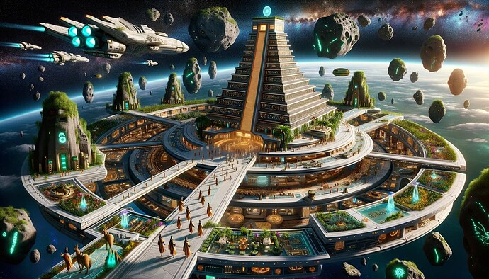 DALL·E 2023-10-16 22.00.28 - Render of a space station that combines the architectural brilliance of the Aztecs with advanced space tech. Terraced levels, lush floating gardens, a