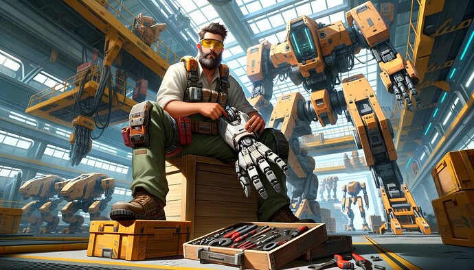DALL·E 2023-10-02 19.34.48 - Illustration Doug, a Caucasian male mech mechanic with a beard, wearing protective goggles and a utility belt, is seated on a wooden crate in a brigh