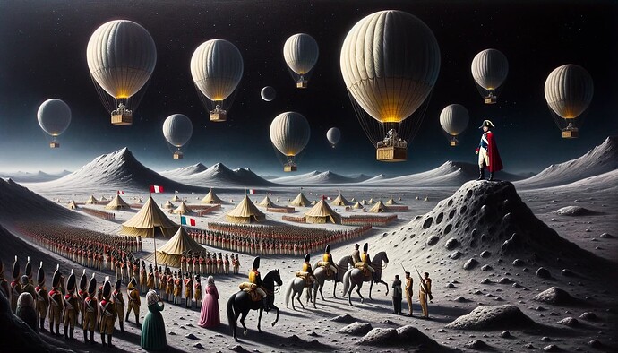 DALL·E 2023-10-16 21.55.30 - Oil painting depicting a surreal scene of Napoleon leading his army in a moon landing. Hot air balloons dot the lunar skyline, casting shadows on the