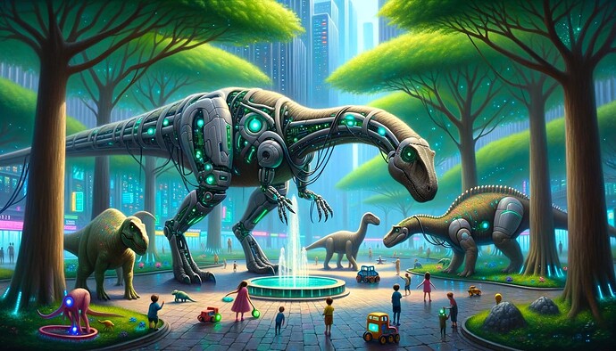 DALL·E 2023-10-17 08.51.38 - Oil painting of a serene cyberpunk park. Dinosaurs with bionic limbs and integrated tech graze peacefully next to high-tech water fountains. Children