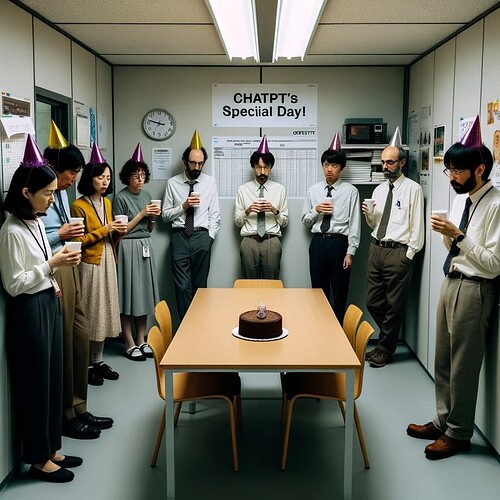 DALL·E 2023-10-16 17.46.47 - Photo of a small break room in the OpenAI building where a few employees stand around a table that holds a simple chocolate cake. They wear party hats