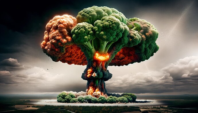 DALL·E 2023-10-14 18.16.42 - Dramatic scene of a massive explosion, but instead of a typical mushroom cloud, it's shaped like an enormous broccoli floret. The green hues of the br