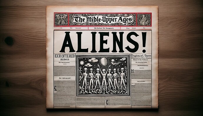 DALL·E 2023-10-14 15.59.32 - Newspaper design channeling the vibes of the middle-upper ages, highlighting the headline 'ALIENS!'. The layout is complemented by a medieval woodcut