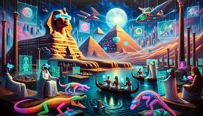 DALL·E 2023-10-16 21.52.52 - Oil painting depicting a fusion of ancient Egyptian architecture and cyberpunk aesthetics. The Sphinx and pyramids serve as the backdrop, bathed in ne