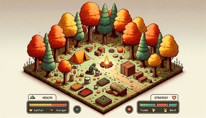 DALL·E 2023-10-02 03.31.10 - Illustration for a game development concept set in an autumnal park. Trees, their leaves turning shades of orange and yellow, stand tall around a cent