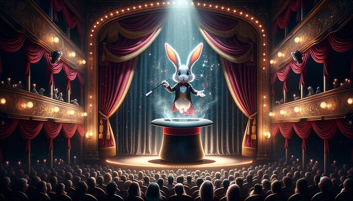 DALL·E 2023-10-01 20.00.12 - Epic and dramatic digital art that could be trending on ArtStation, showcasing Boager, a sentient rabbit magician, on a grand stage under the spotligh