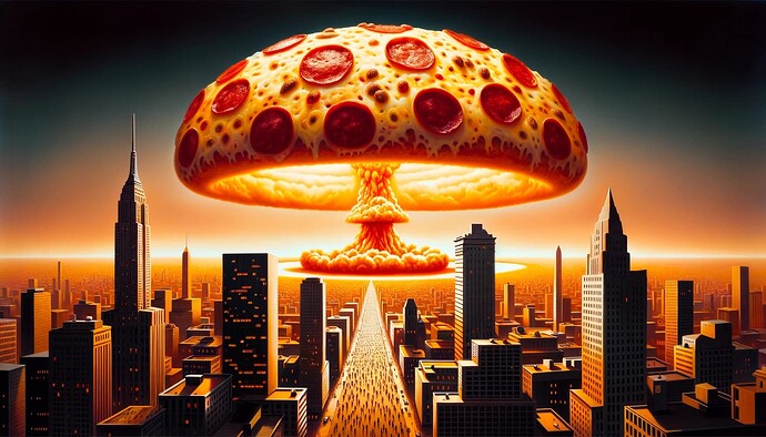 DALL·E 2023-10-14 18.19.54 - Surreal depiction of a city skyline witnessing a colossal pizza-shaped nuclear explosion. Buildings are silhouetted against the cheesy blast, with win