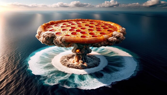 DALL·E 2023-10-14 18.20.06 - Breathtaking oceanic view where a gigantic pizza-shaped nuclear explosion erupts from the water's surface. The sea churns and froths, reflecting the g