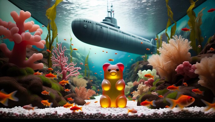 DALL·E 2023-10-14 14.13.18 - Landscape photo showcasing the inside of an aquarium with candy fish. The main focus is on a large goldfish gummi bear positioned using the rule of th