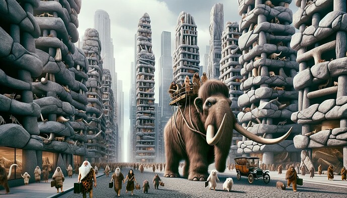 DALL·E 2023-10-16 21.57.32 - Photo of a sprawling Stone Age metropolis with towering skyscrapers constructed from massive rocks and bones. Cavemen and cavewomen, dressed in busine