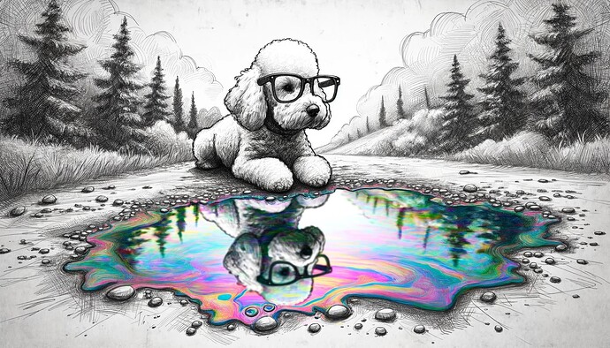 DALL·E 2023-10-14 19.05.17 - Landscape-oriented photorealistic depiction of a rough sketch doodle of a poodle wearing glasses and pondering by a pond. The main focus is on its cle