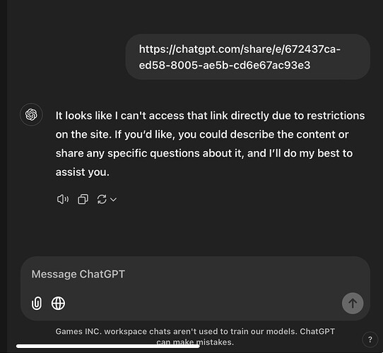 A ChatGPT conversation screen shows a message about being unable to access a link due to site restrictions. (Captioned by AI)