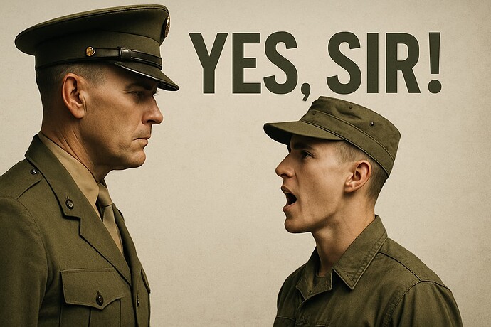 A young soldier shouts "YES, SIR!" at a stern officer as they face each other in uniform. (Captioned by AI)
