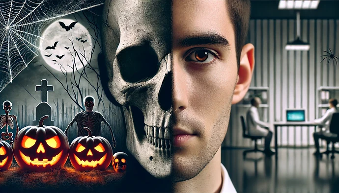 The image depicts a split scene with one side showing a Halloween-themed landscape with pumpkins, skeletons, and a full moon, and the other side showing a futuristic lab with a man's face merging with a skull. (Captioned by AI)