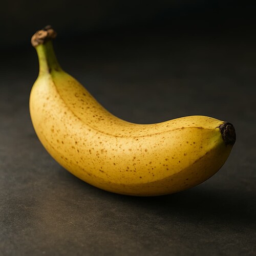A ripe yellow banana with brown speckles rests on a dark surface. (Captioned by AI)