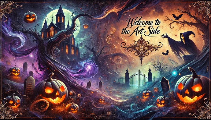 A spooky, mystical Halloween scene features glowing jack-o'-lanterns, a haunted house, gravestones, and the phrase "Welcome to the Art Side" amid swirling purple and orange hues. (Captioned by AI)